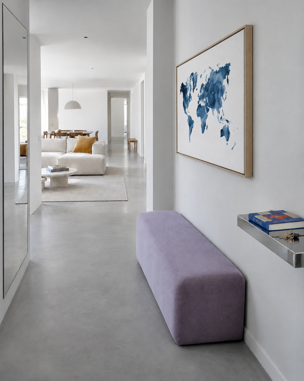 Indigo Blue World Map - Framed canvas in an interior