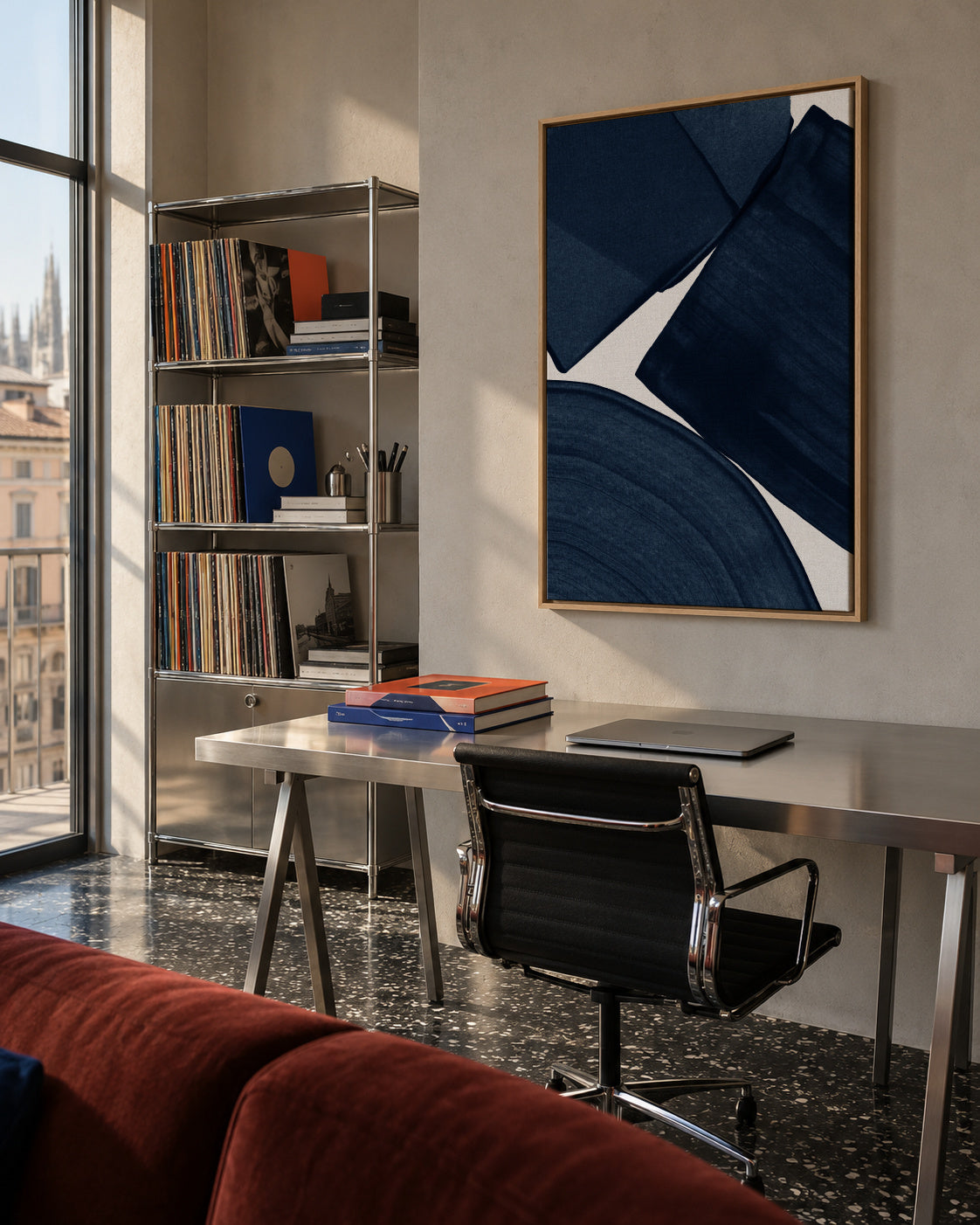 Minimalist Painting Blue II - Framed canvas in an interior