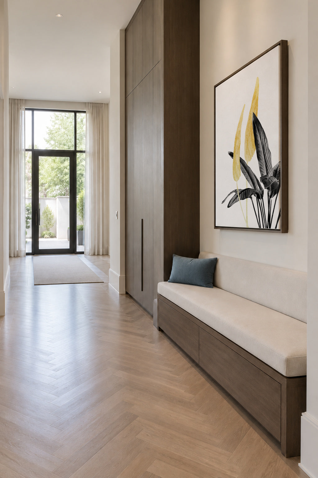 Bird of Paradise Plant Black, White and Gold 01 - Framed canvas in an interior