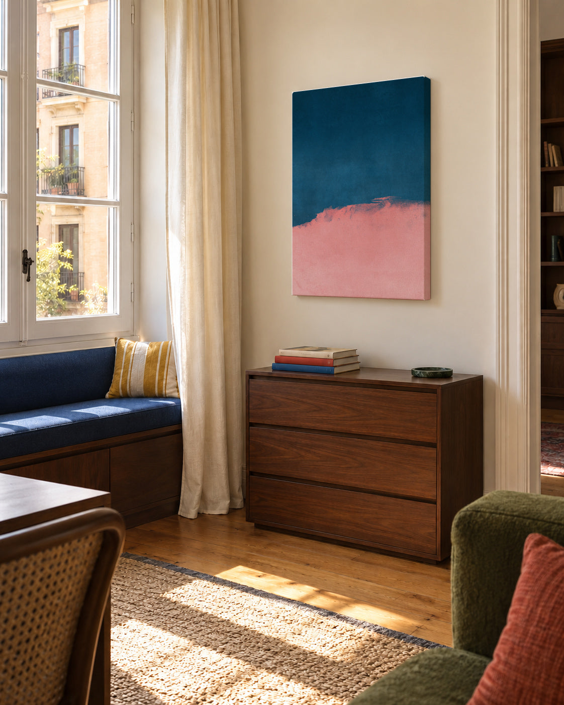 Minimal Landscape Pink and Navy Blue 01 - Unframed canvas in an interior
