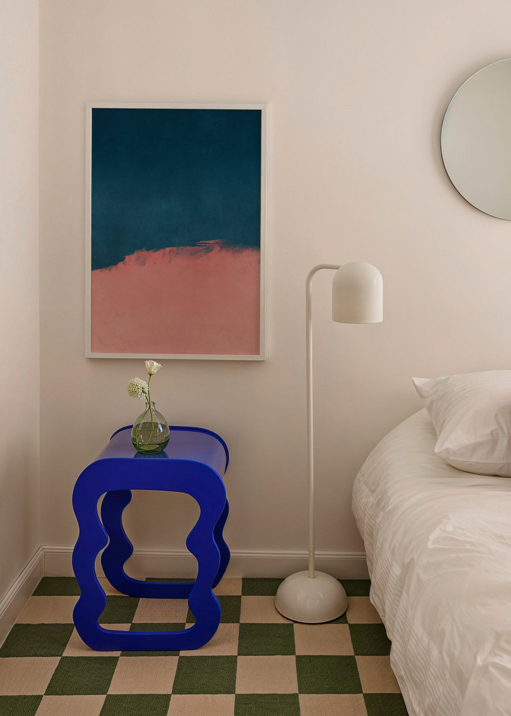 Minimal Landscape Pink and Navy Blue 01 - Framed poster in an interior