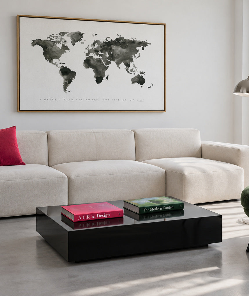 World map monochrome - Framed canvas in an interior