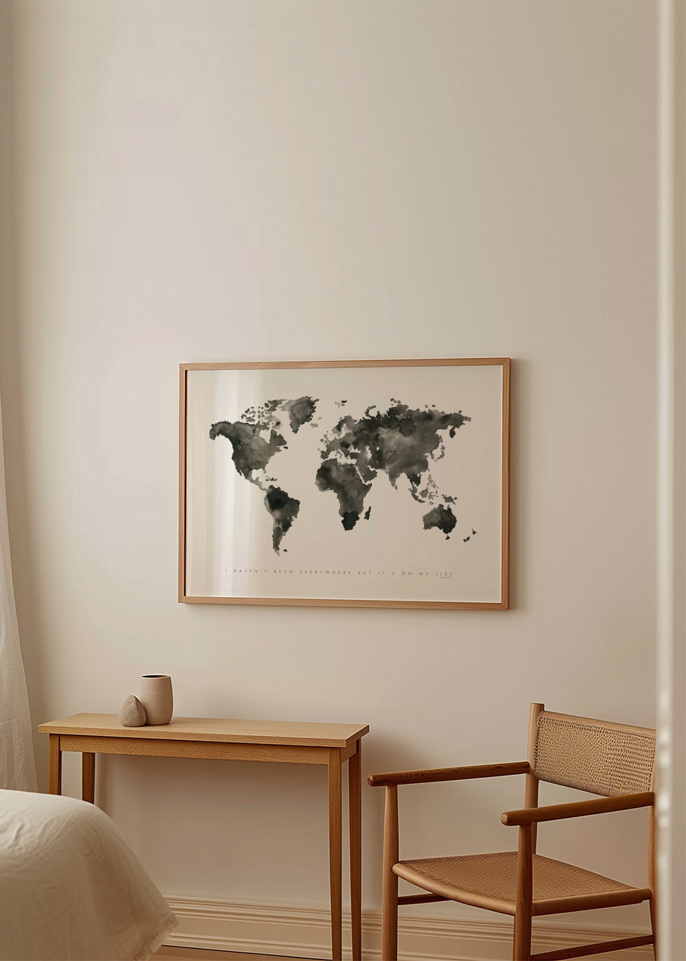 World map monochrome - Framed poster in an interior