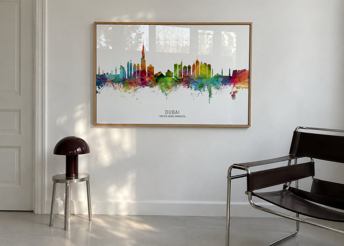 Dubai Skyline multicolor - Framed poster in an interior