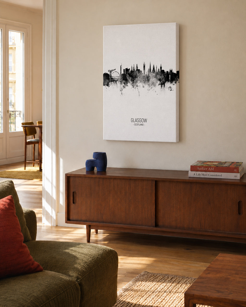 Glasgow Skyline en blanco y negro - Unframed canvas in an interior