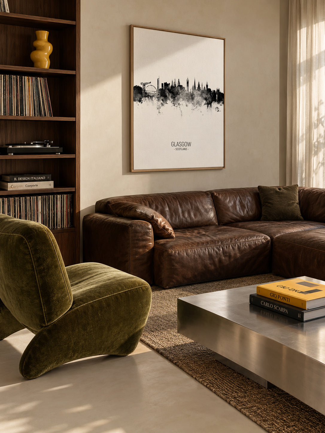Glasgow Skyline en blanco y negro - Framed canvas in an interior