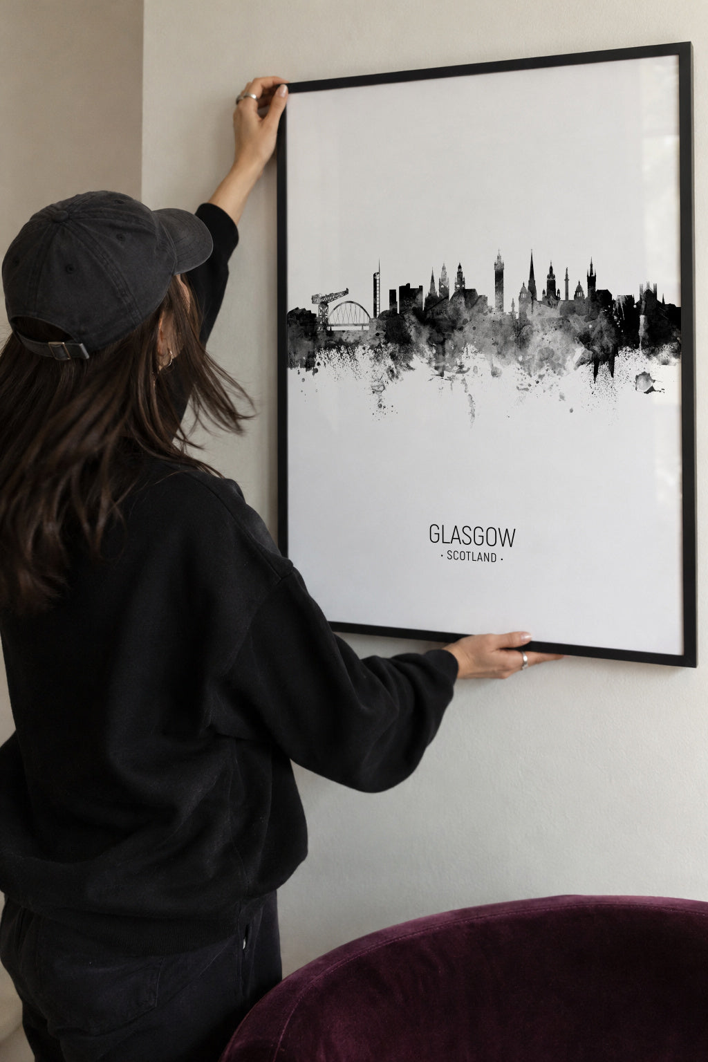 Glasgow Skyline en blanco y negro - Framed poster detail
