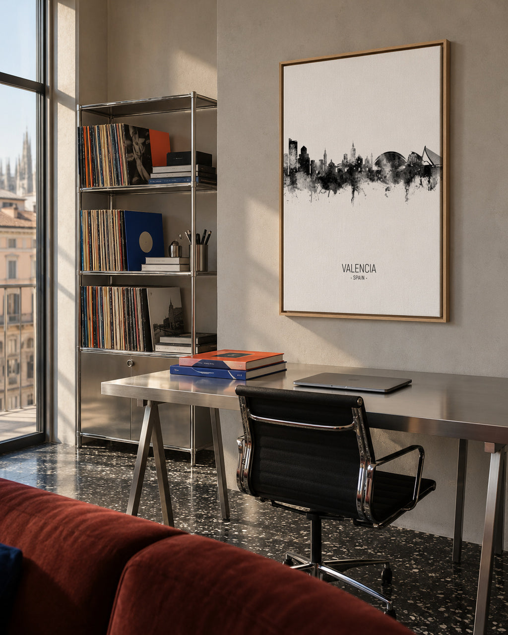Valencia Skyline en blanco y negro - Framed canvas in an interior