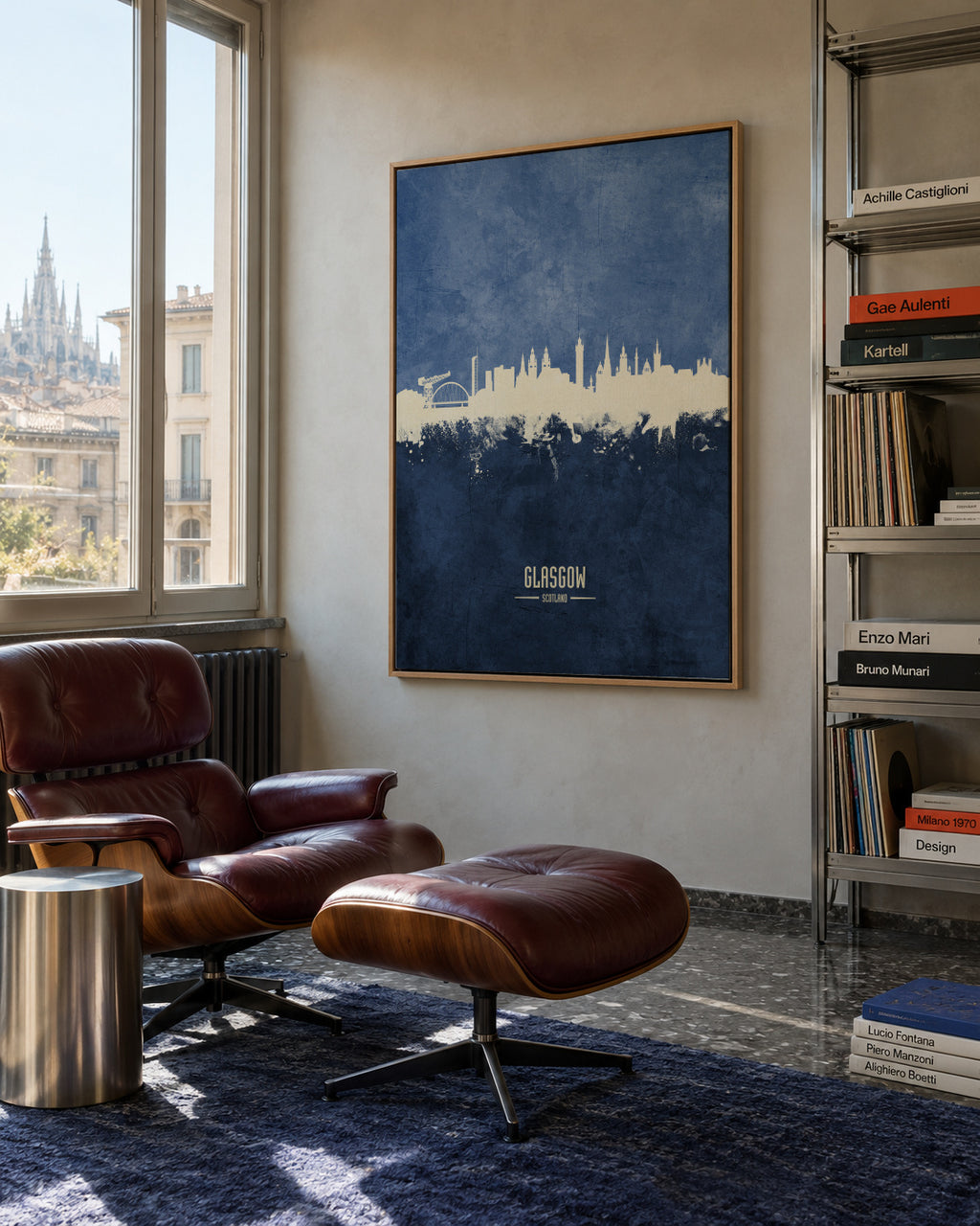 Glasgow Skyline Azul - Framed canvas in an interior