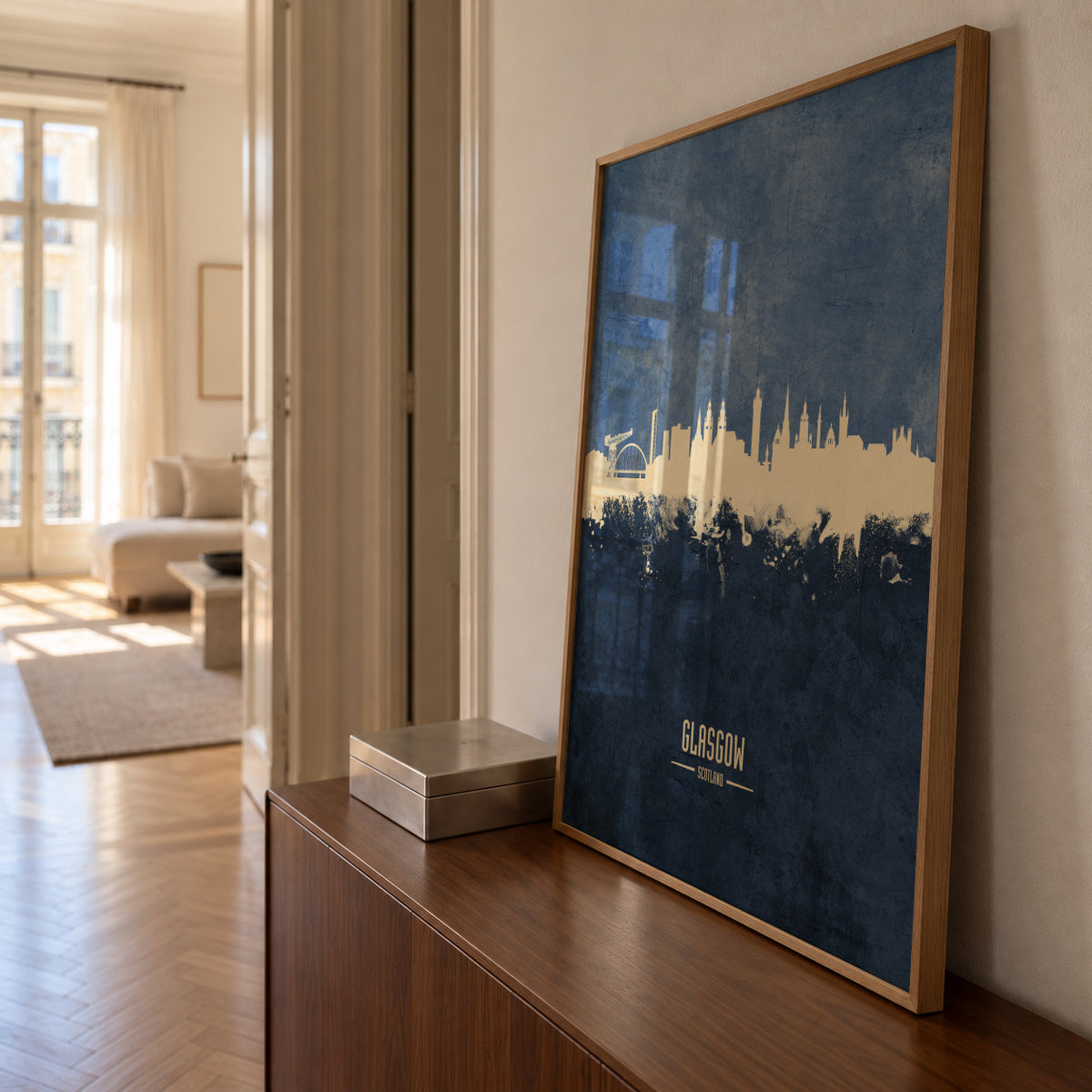 Glasgow Skyline Azul - Framed poster in an interior