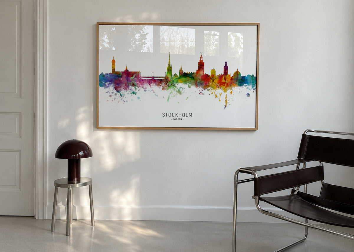 Stockholm Skyline multicolor - Framed poster in an interior