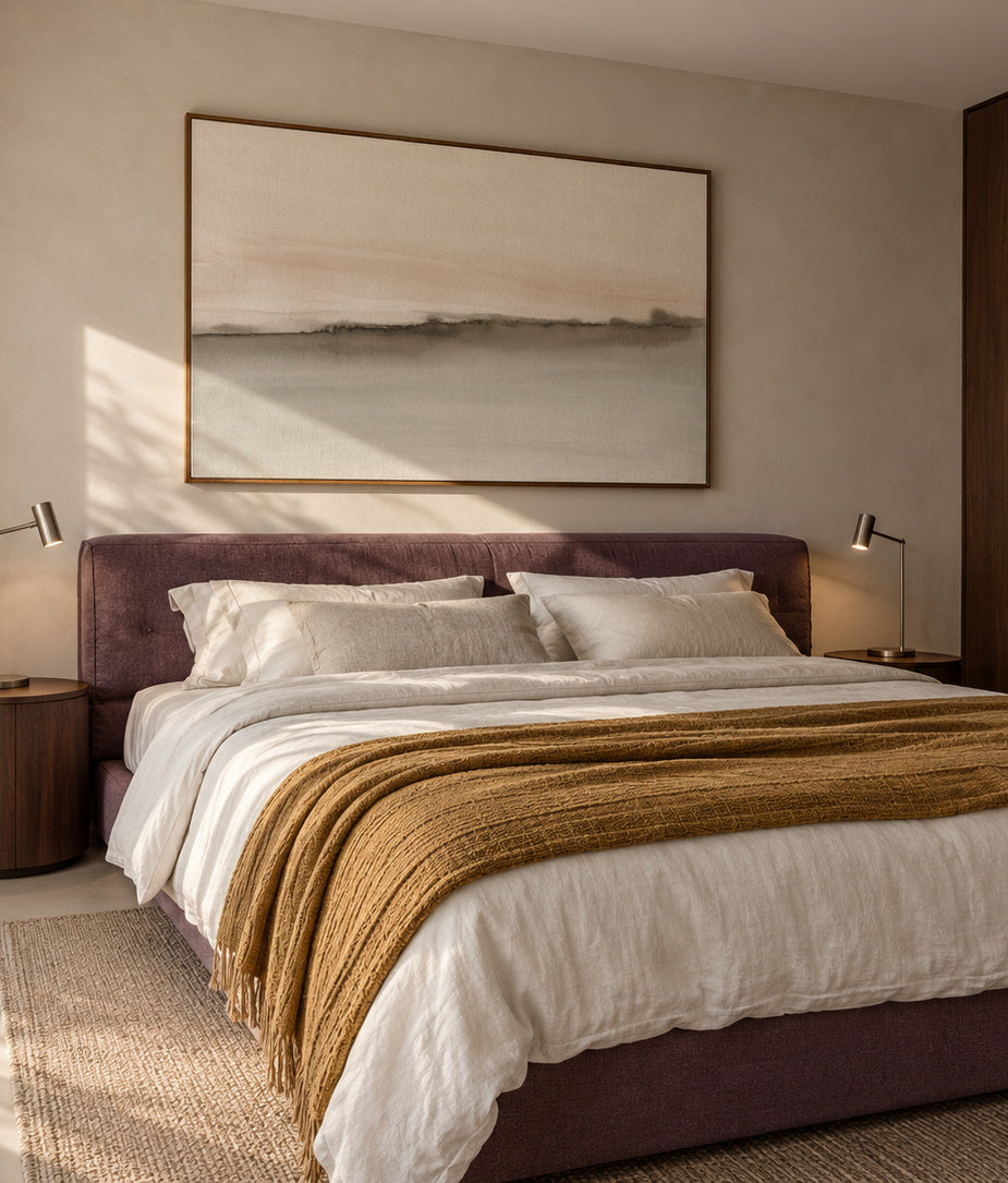 Abstract watercolor landscape in coral and sepia - Framed canvas in an interior