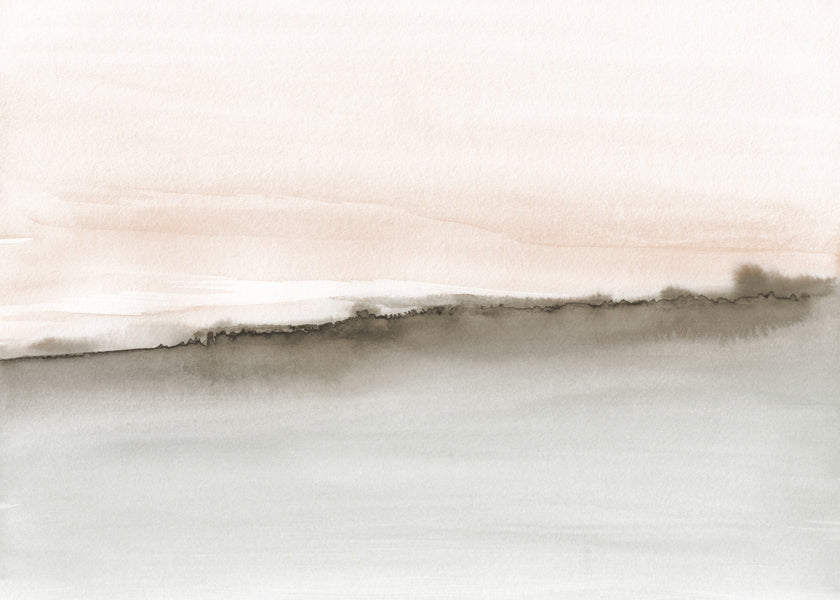 Abstract watercolor landscape in coral and sepia