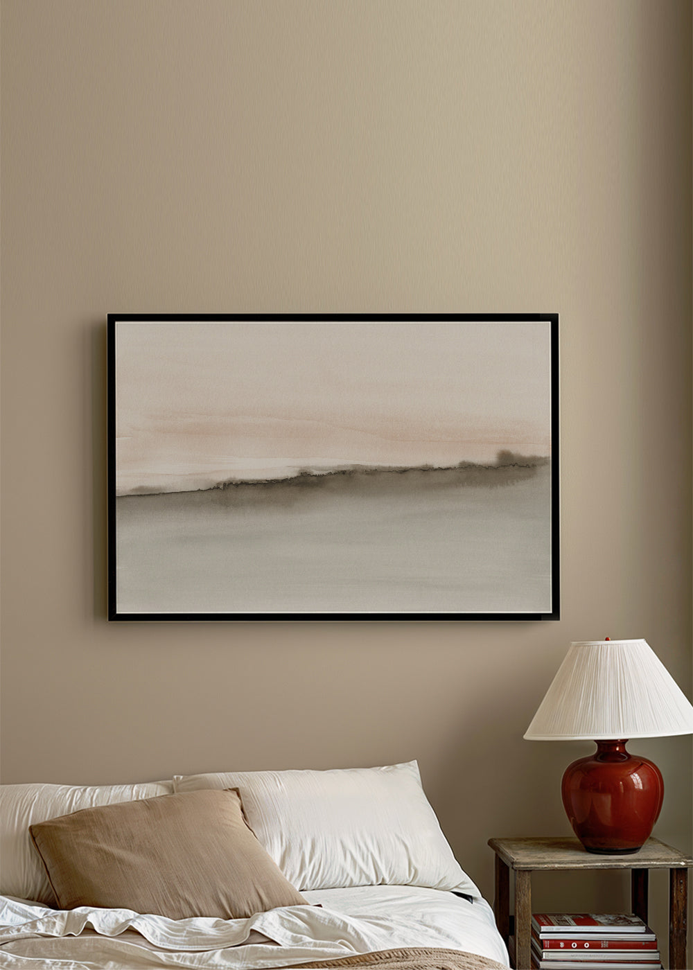 Abstract watercolor landscape in coral and sepia