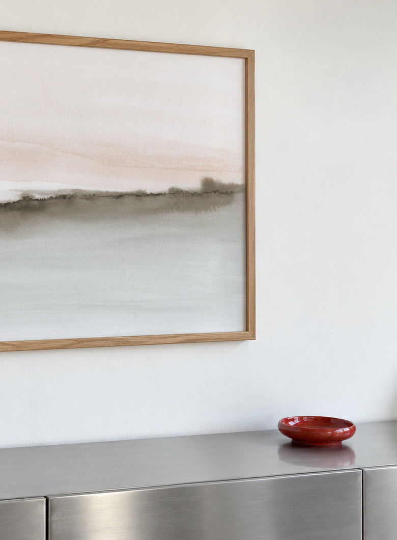 Abstract watercolor landscape in coral and sepia - Framed poster detail