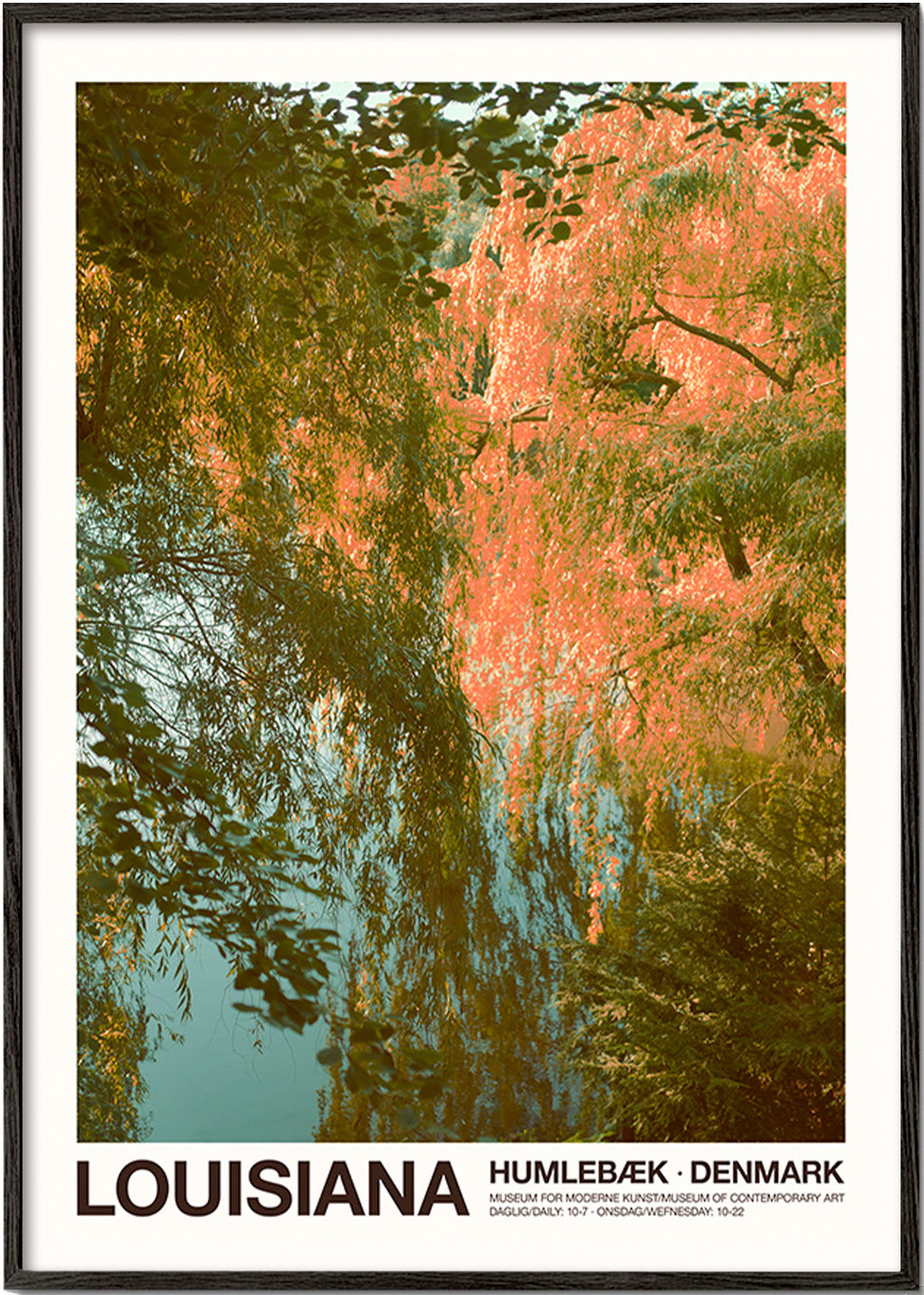 Cuadro de paisaje con lago y reflejos rosados – Black Frame
