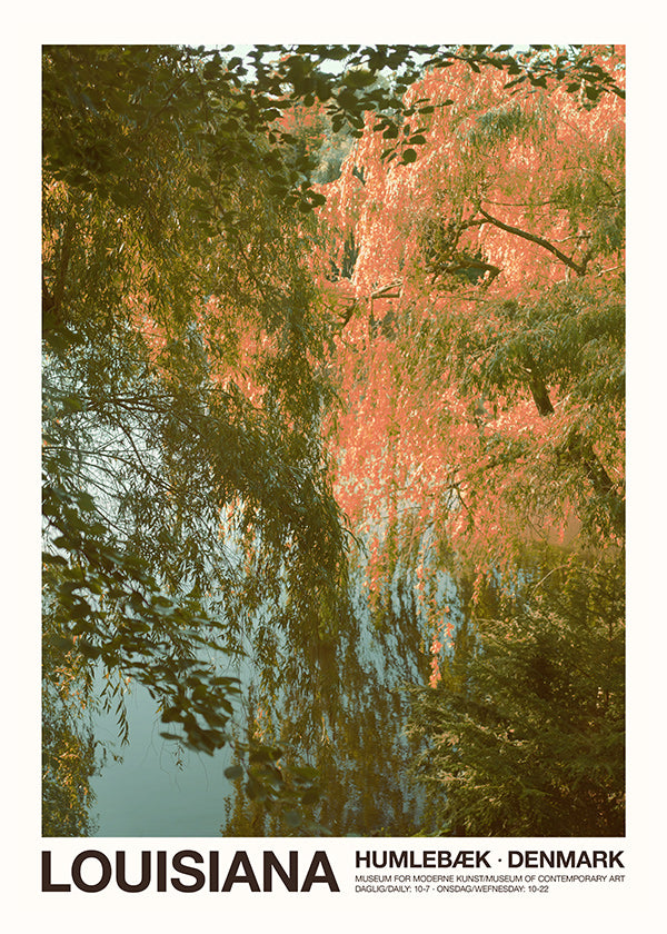 Cuadro de paisaje con lago y reflejos rosados