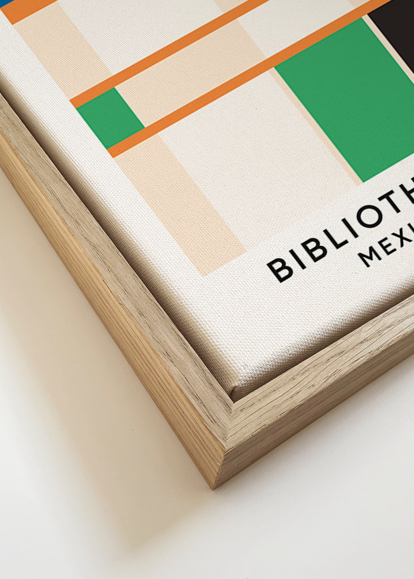 Cuadro geométrico con bloques y tipografía 'Bibliothèque' – Canvas detail