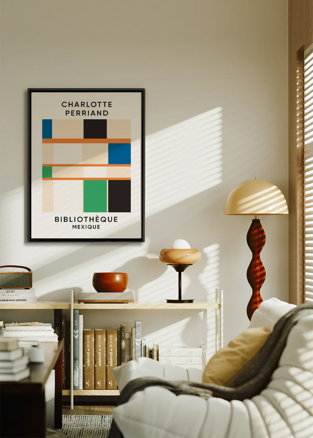 Cuadro geométrico con bloques y tipografía 'Bibliothèque' – Canvas2