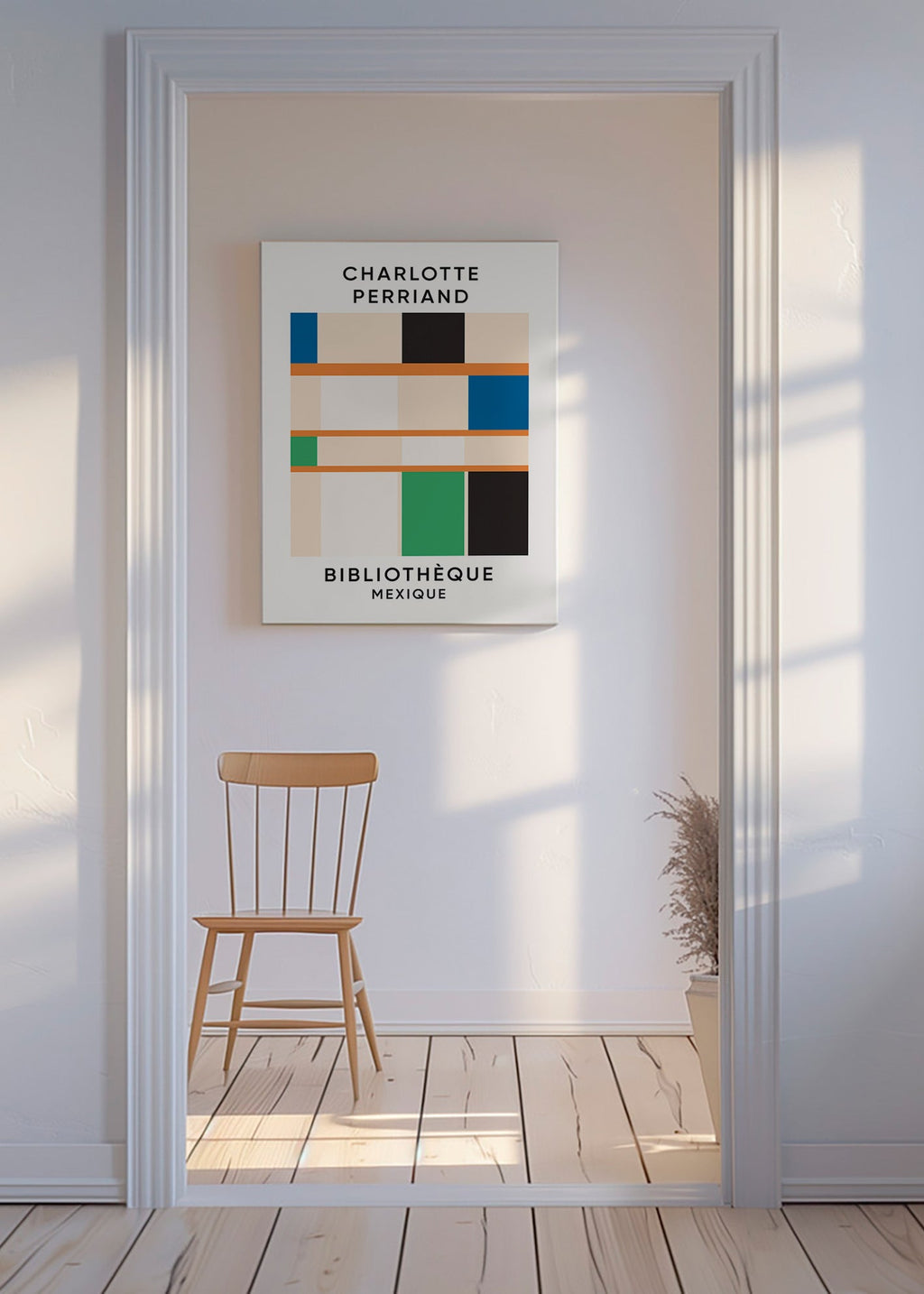 Cuadro geométrico con bloques y tipografía 'Bibliothèque' – Canvas