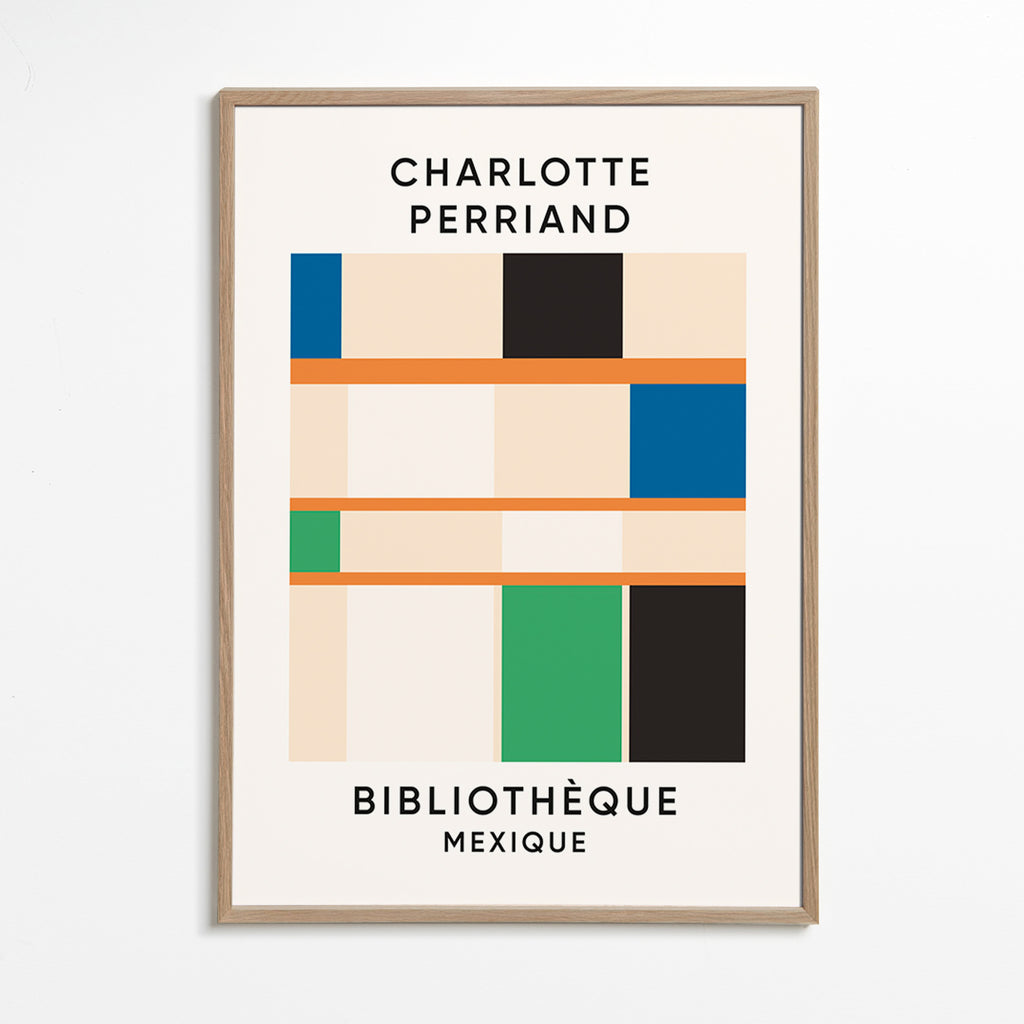 Cuadro geométrico con bloques y tipografía 'Bibliothèque' – Oak Frame
