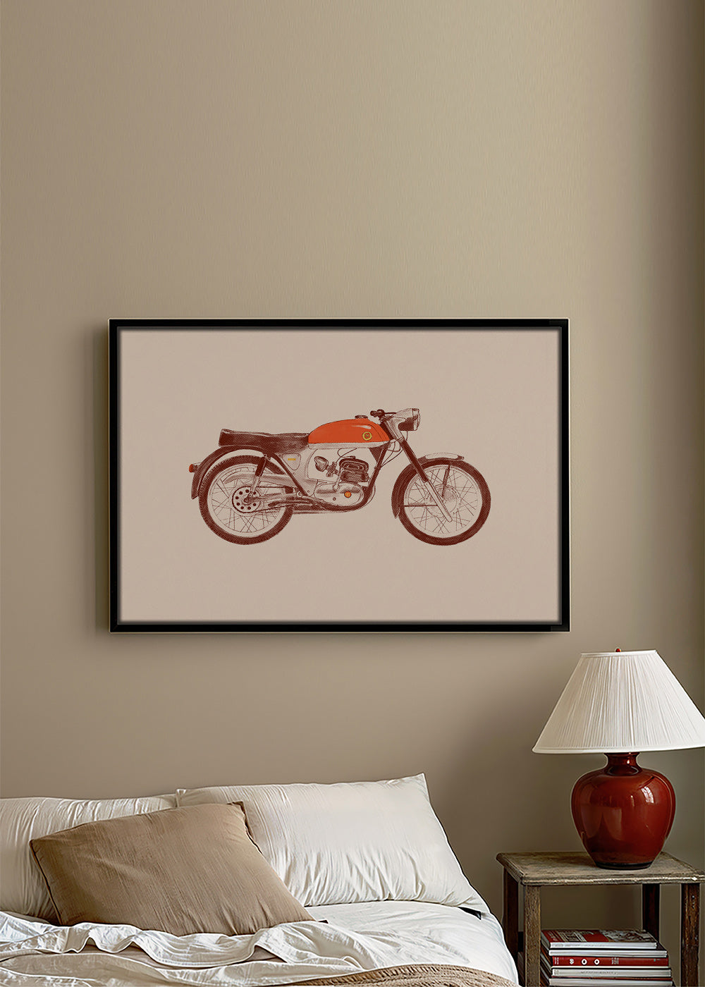 Cuadro vintage moto roja sobre fondo beige – Canvas2