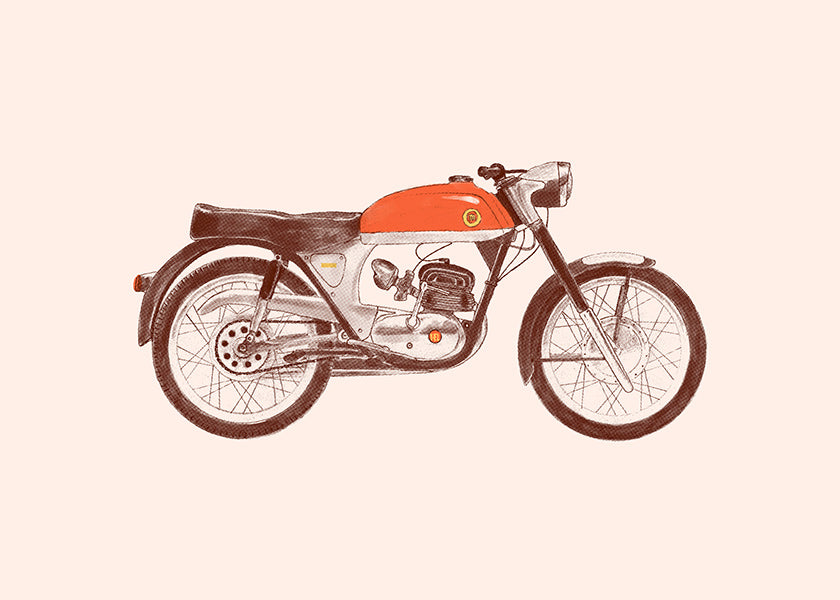 Cuadro vintage moto roja sobre fondo beige