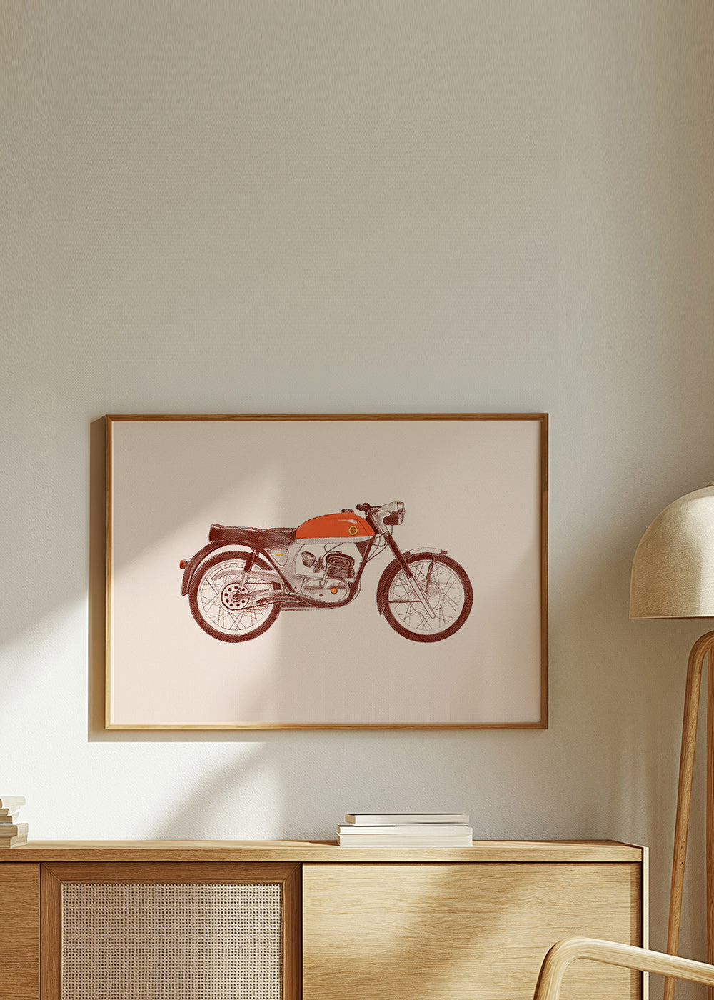 Cuadro vintage moto roja sobre fondo beige – Product2