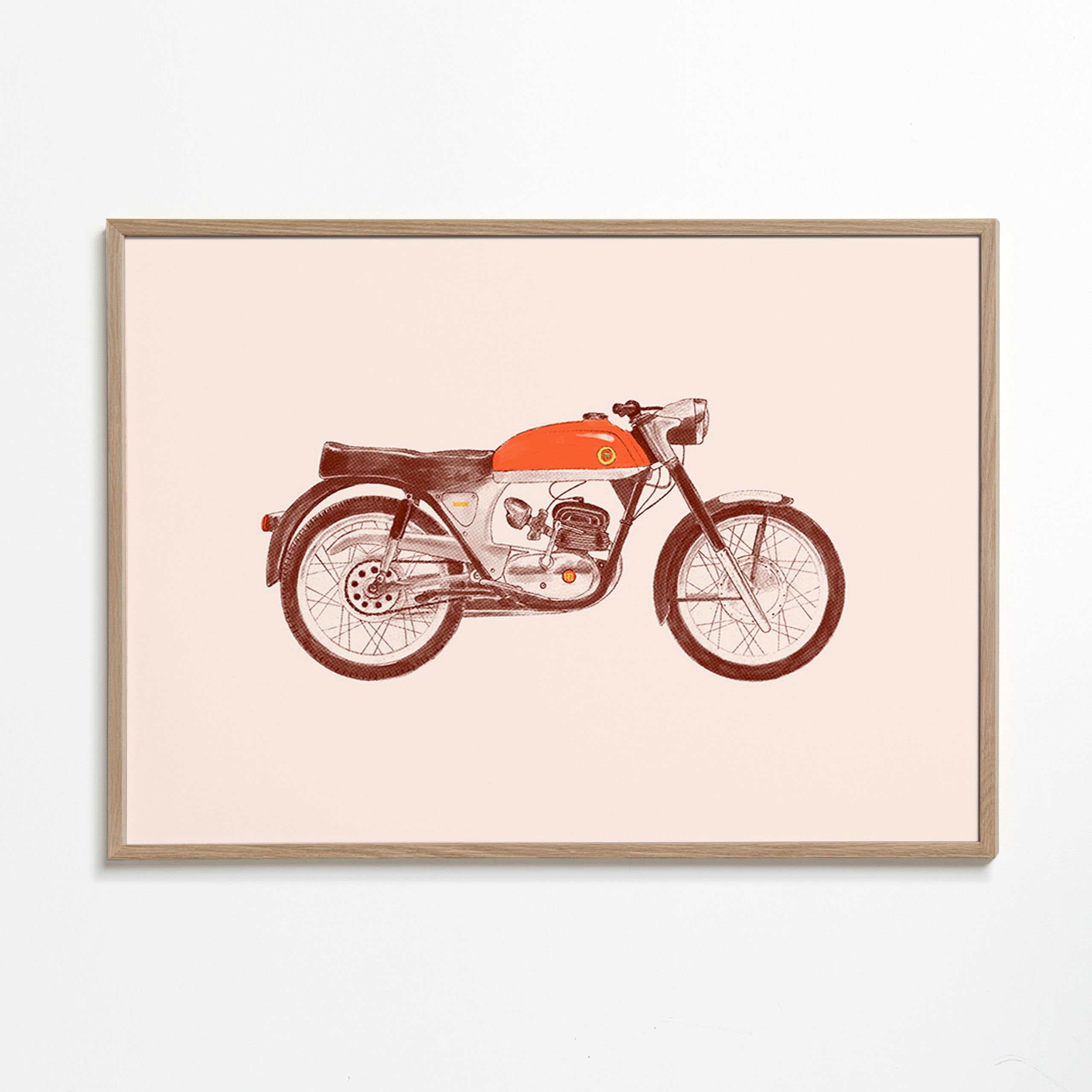 Cuadro vintage moto roja sobre fondo beige – Oak Frame