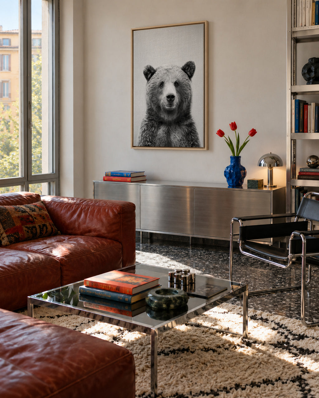 Grizzly Bear - Black & White - Framed canvas in an interior