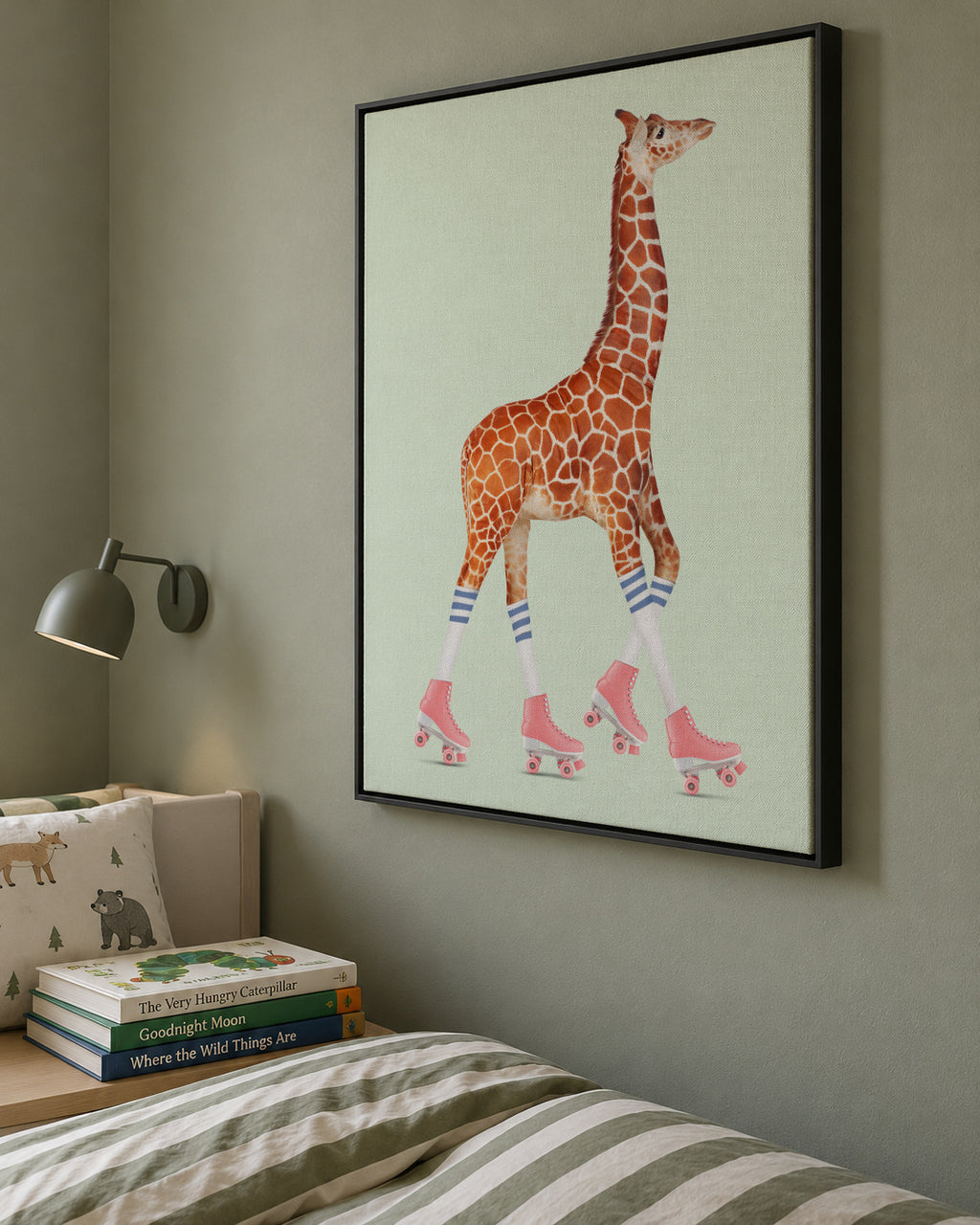 Rollerskating Giraffe - Framed canvas in an interior