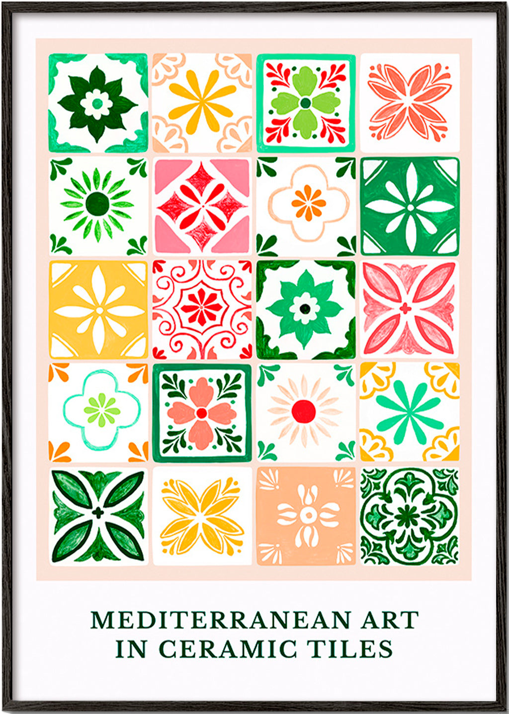 Lámina botánica con azulejos mediterráneos – Black Frame