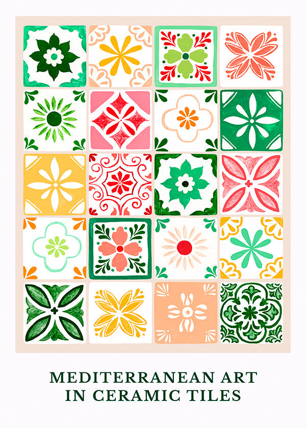 Lámina botánica con azulejos mediterráneos