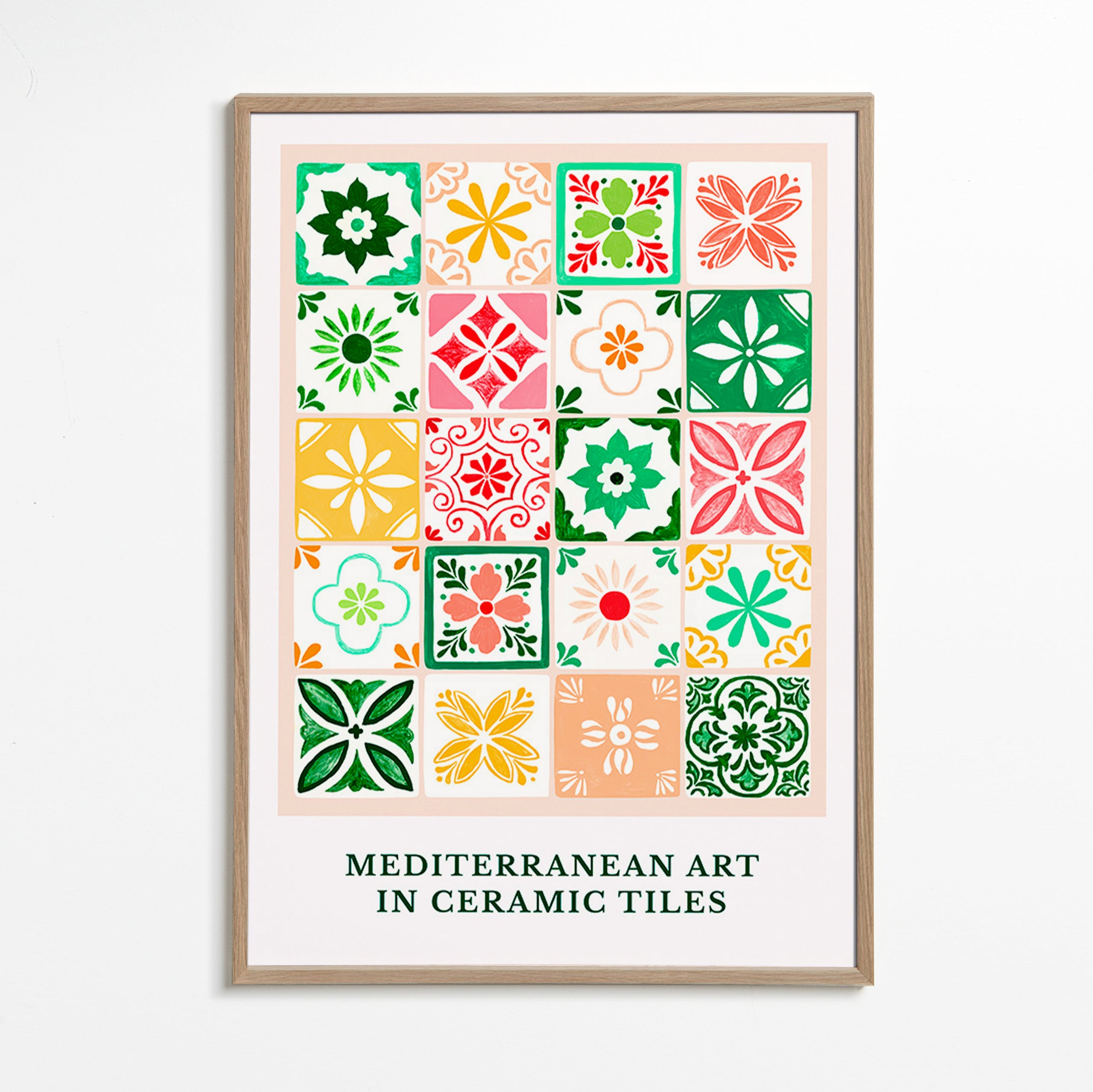Lámina botánica con azulejos mediterráneos – Oak Frame