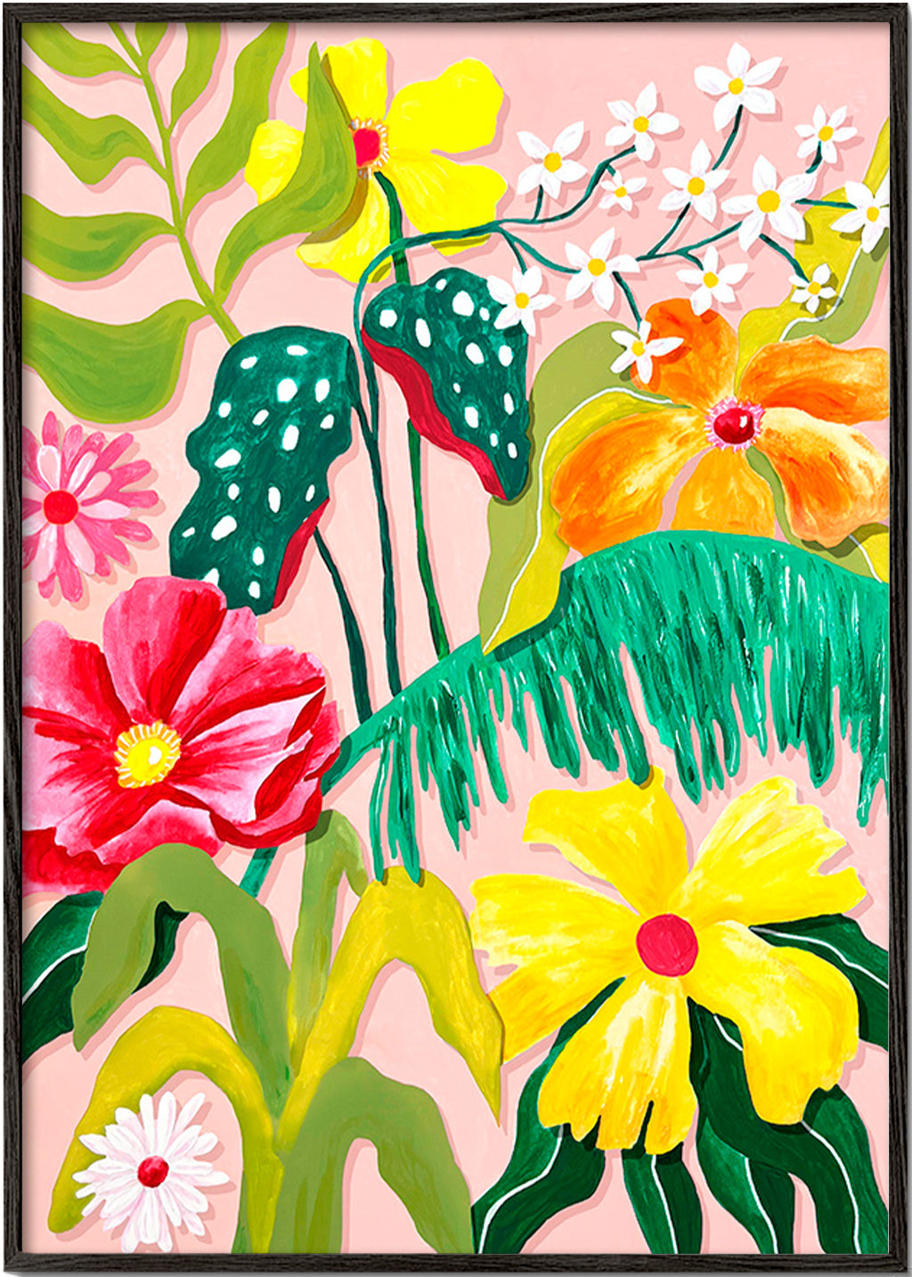 Lámina botánica con flores coloridas – Black Frame