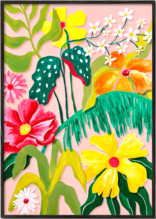 Lámina botánica con flores coloridas – Black Frame