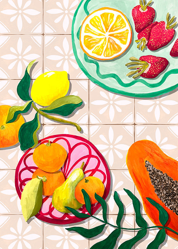 Cuadro de cocina con frutas y cerámica