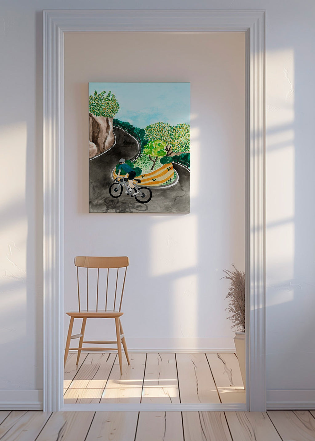 Cuadro de paisaje con ciclista en curva de montaña – Canvas