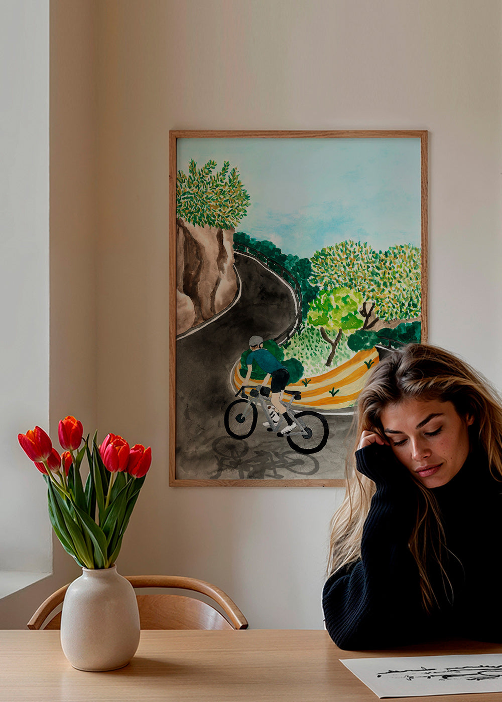 Cuadro de paisaje con ciclista en curva de montaña – Product1