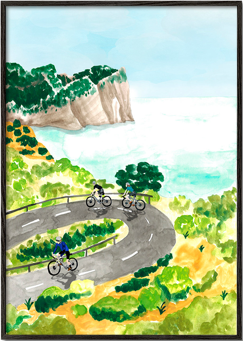Cuadro deportivo con ciclistas en ruta costera – Black Frame