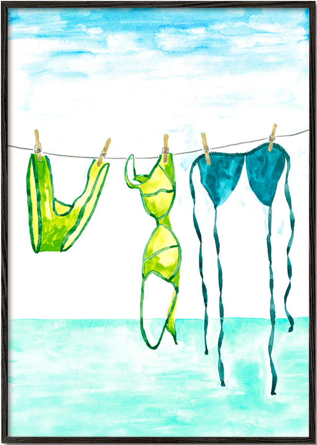 Ilustración de bikinis colgados en la playa – Black Frame