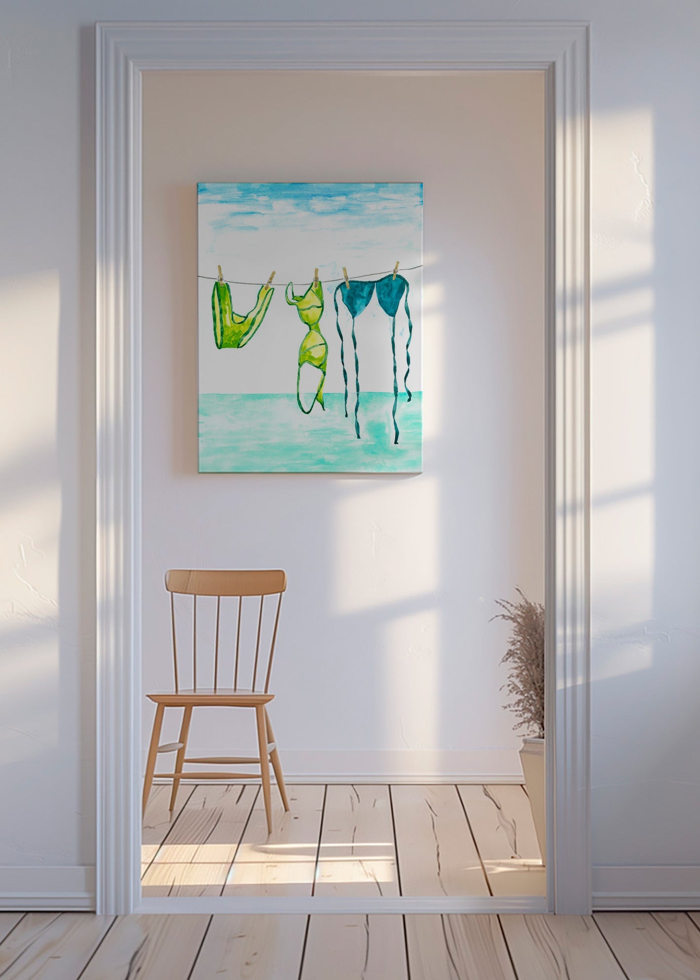Ilustración de bikinis colgados en la playa – Canvas