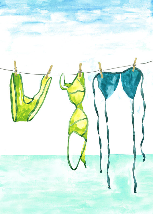 Ilustración de bikinis colgados en la playa