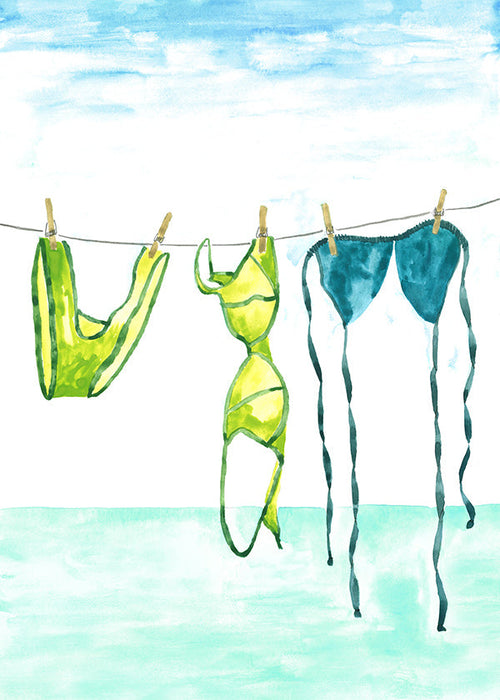Ilustración de bikinis colgados en la playa