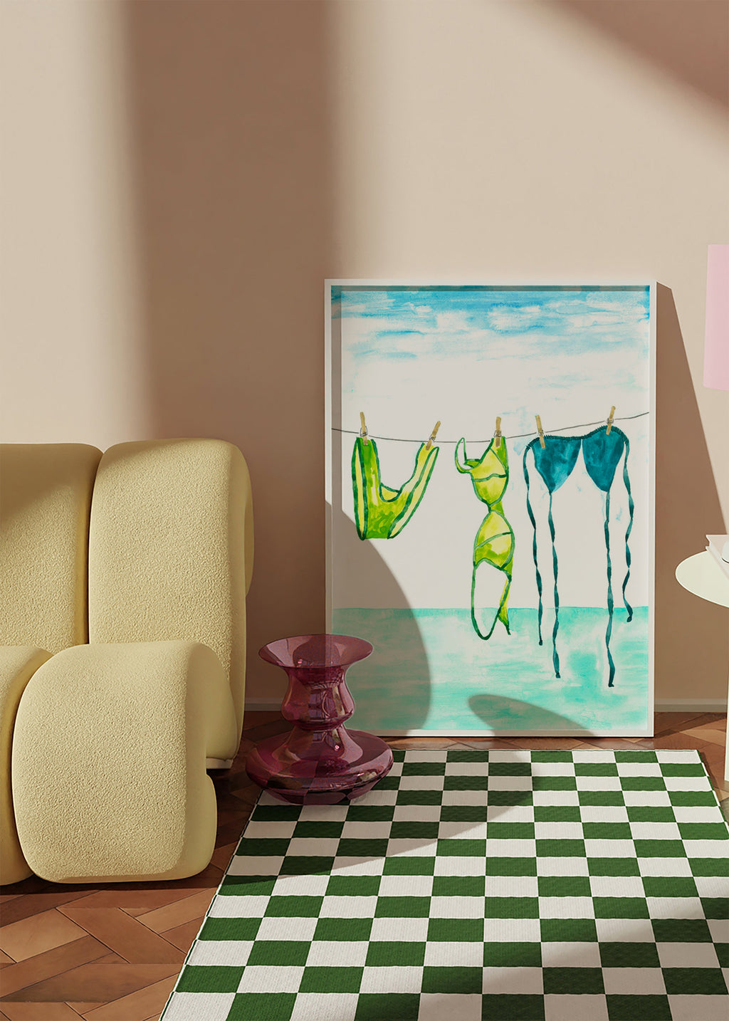 Ilustración de bikinis colgados en la playa – Product2