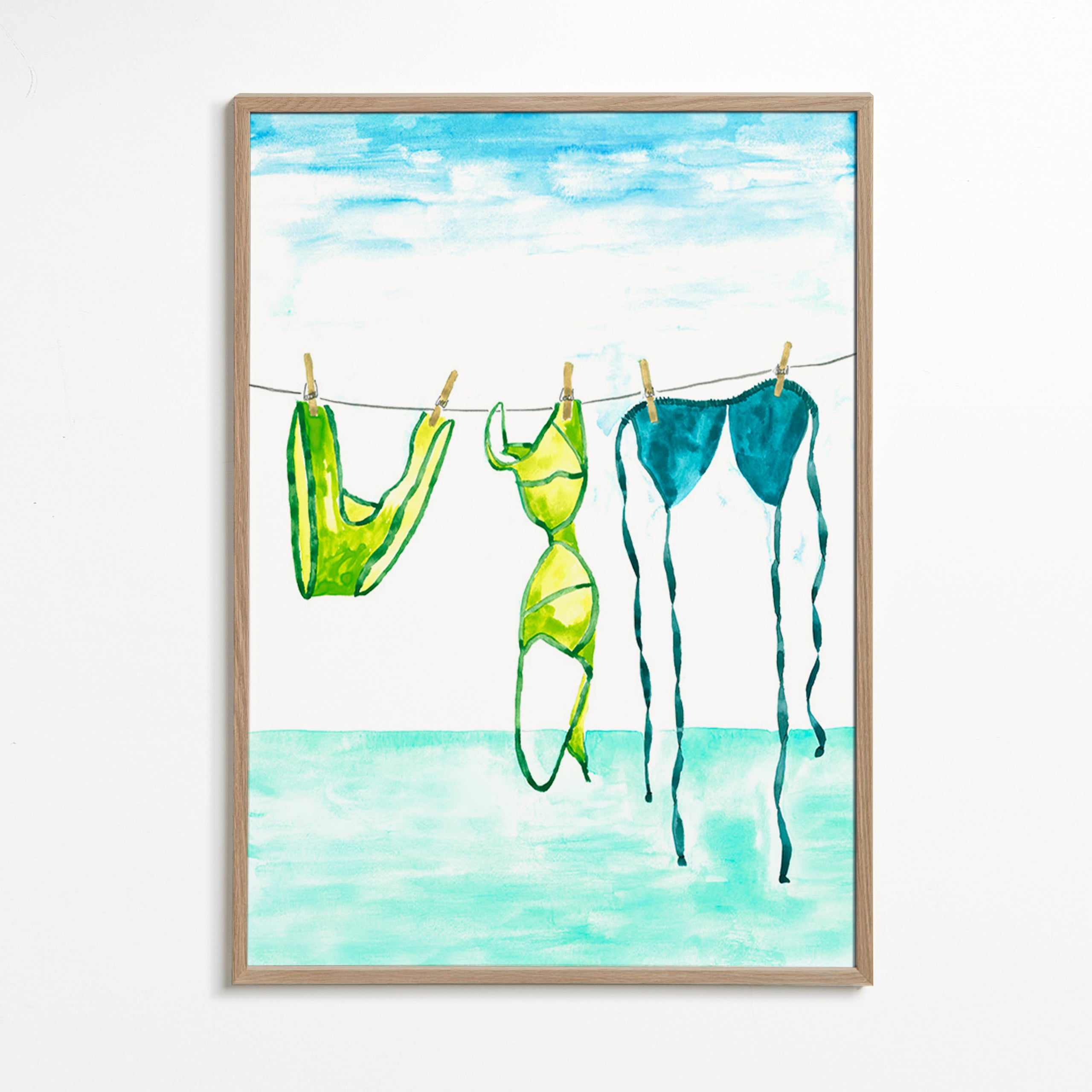 Ilustración de bikinis colgados en la playa – Oak Frame