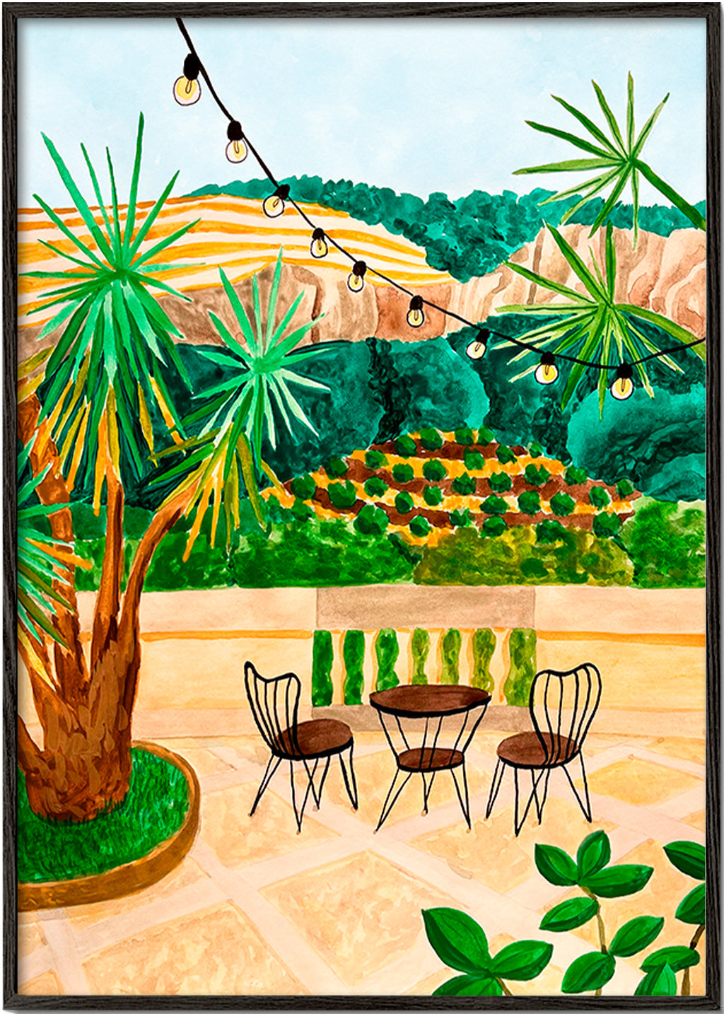 Lámina botánica: terraza mediterránea con palmeras – Black Frame