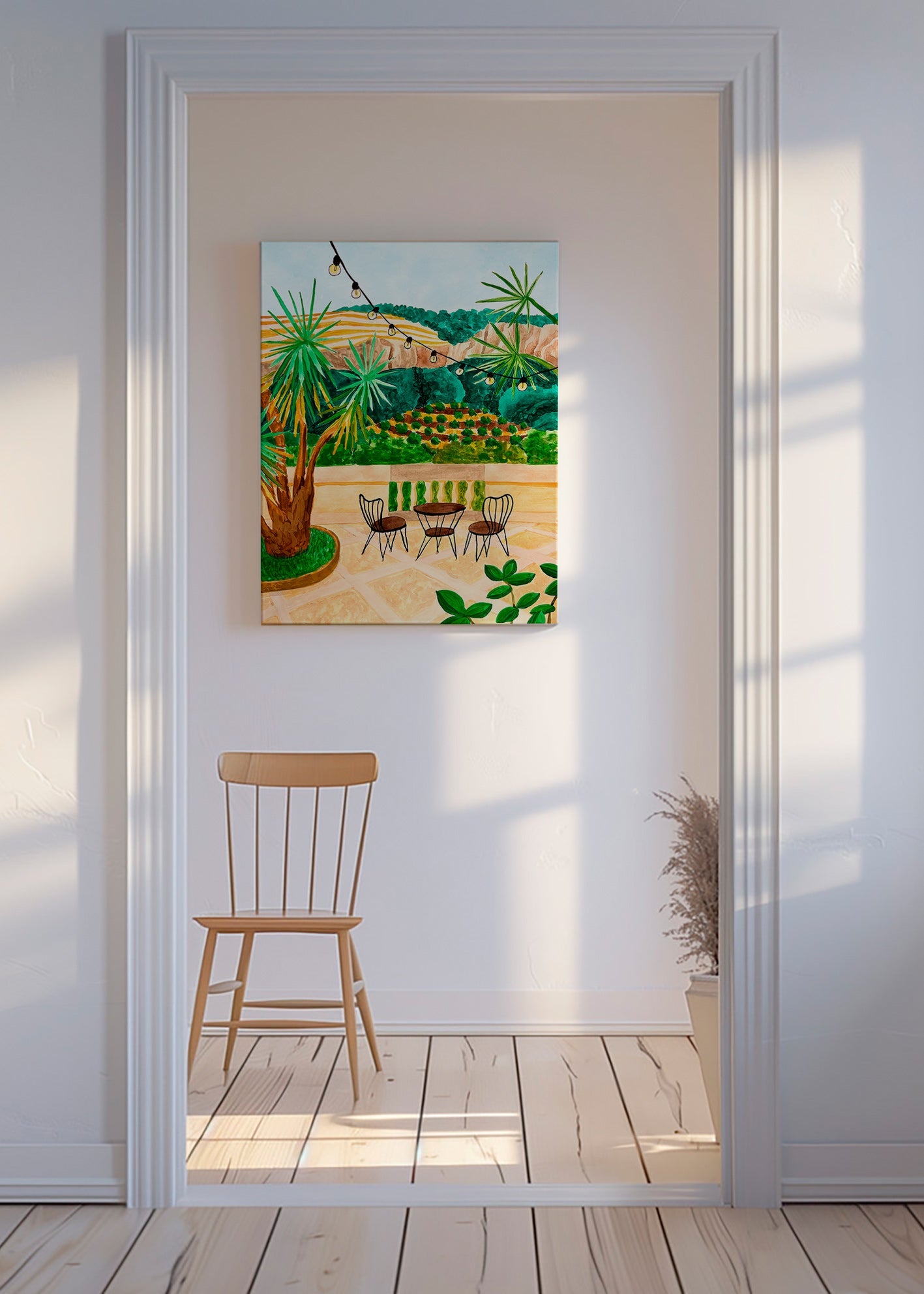 Lámina botánica: terraza mediterránea con palmeras – Canvas