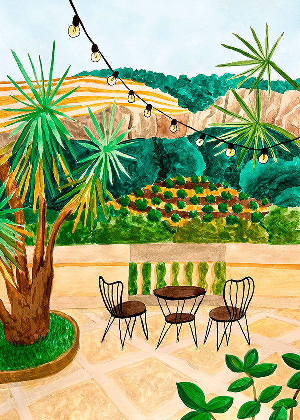 Lámina botánica: terraza mediterránea con palmeras