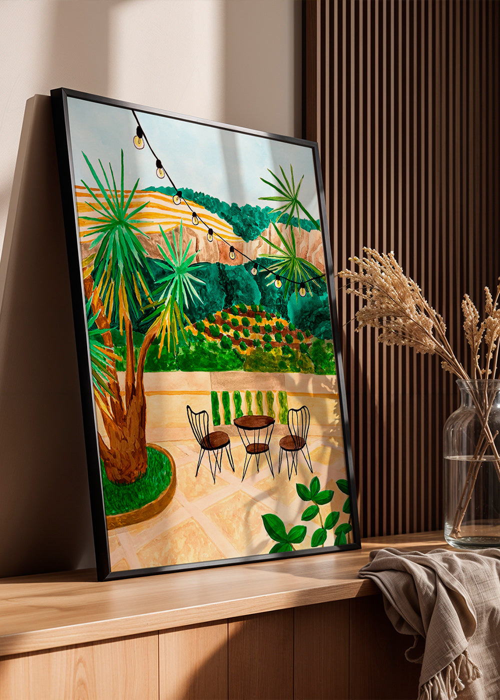 Lámina botánica: terraza mediterránea con palmeras – Product1